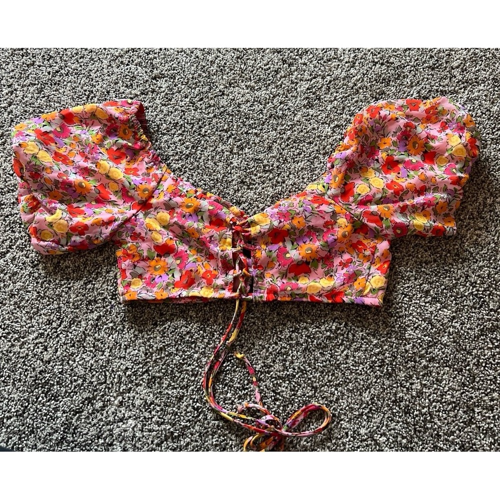 Wild Fable Puff Sleeve Keyhole Lace up Back pink Floral Bra Crop Top Size Medium - Picture 6 of 10
